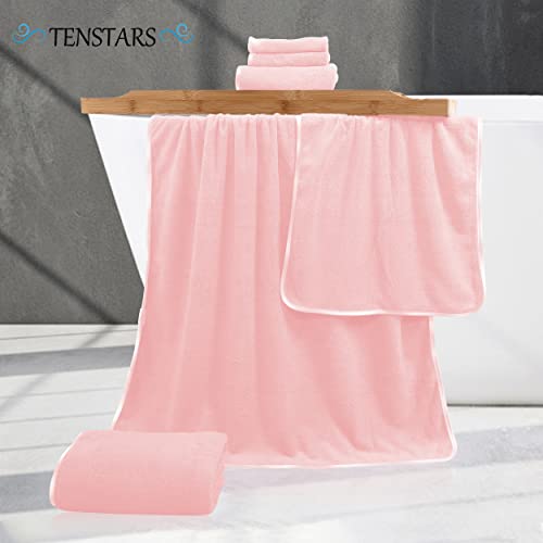 Tenstars Luxury Silk Hemming Towel Set - Light Thin Quick Drying - 2 Bath Towels 2 Hand Towels 2 Washcloths - Ultra Soft Microfiber Towel For Bath Fitness, Sports, Yoga, Travel (Pink 6 Pieces) #TOP1