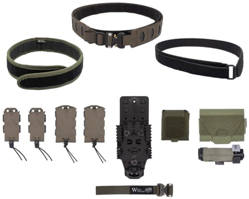 Wilder Tactical - COMPLETE Belt Package - HITMAN GEAR ELITE Range Kit w/FM Buckle, 2x Rifle & Pistol Mag Pouch, MHP Adapter for QLS, IFAK Med Pouch, Dump Pouch, X-Large, Ranger Green