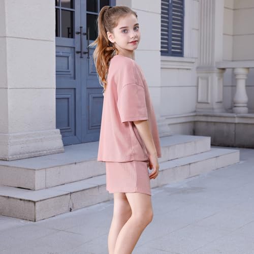 Image of DREAM BUS Girls T-Shirts and Shorts Set 2 Pieces Teen Girls Summer Matching Outfit Solid Trendy Clothes for Little Girl