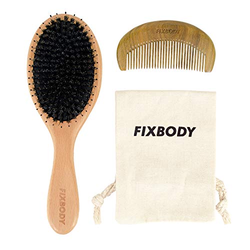 FIXBODY Boar Bristle Hair Brush Set, Soft Nylon and Natural Boar Bristle Design for Thin and Normal Hair, Beech Wood Handle Cushion Antic-Static Brush Detangling and Add Shine for Women Men Kid (Oval)