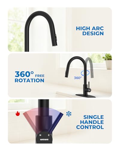 Image of WEWE Kitchen Faucet with Pull Down Sprayer, Matte Black SUS304 Stainless Steel Kitchen Sink Faucets, High Arc Single Handle Faucet for Kitchen Sink, Commercial Modern Farmhouse RV Utility Faucet