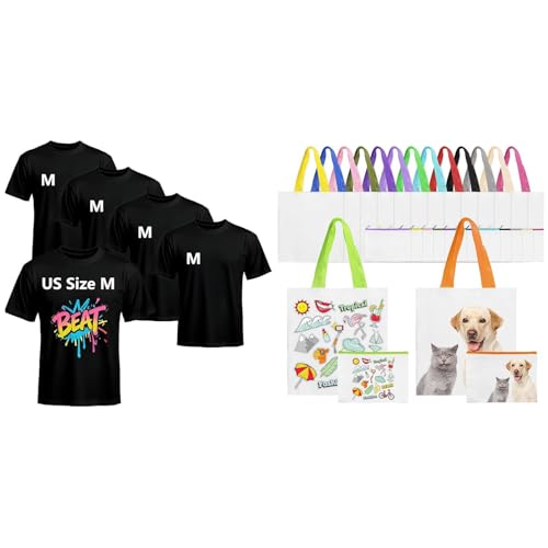 Joyclub Bundle of 5 PCS Black Blank t Shirts and 30 Pack Sublimation Tote Bags