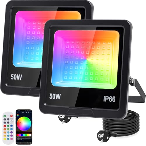 Indmird RGB LED Strahler 50W, 2 Stück RGB Strahler mit 360° Fernbedienung und Bluetooth APP, Rgb strahler Outdoor IP66 Wasserdicht rgb Flutlicht Smart Partylicht für Bühne Feiern Garten Halloween