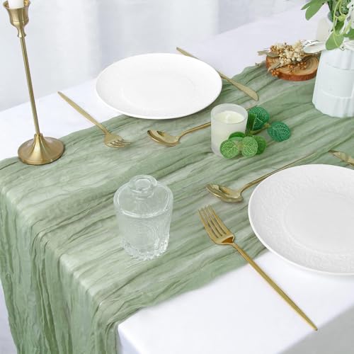 Fexia TR-3001 Table Runner Sage Green Cheesecloth 35X120 Inches For Baby Shower Decoration Gauze Rustic Table Runner thumb #3