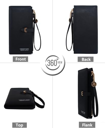 PORT&LOTUS Bifold Wallet with Zipper Pocket - PU Leather Zip Wristlet Wallet for Women - Black Slim Wallet for Cash and Cards3