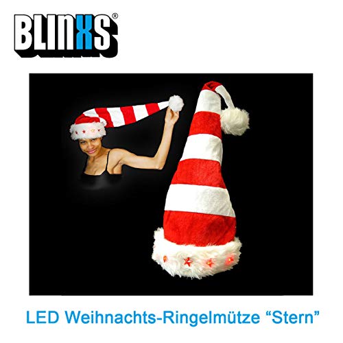 Preisvergleich Produktbild BLINXS LED Weihnachts-Ringelmütze / Nikolausmütze mit 5 leuchtenden LED-Sternen - 76cm lang - tolles Gimmick für Weihnachten - inklusive austauschbaren Batterien