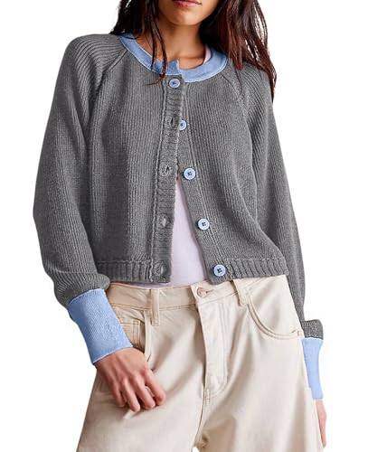Image of loveimgs Women Knitted Button Down Cropped Cardigan Jacket Sweater Y2k Fall Knit Color Block Sweater Crewneck Crop Short Coat
