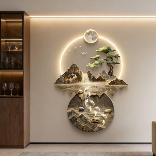 LED 3D Wanddekoration, Hängende Wandskulptur, Luxuriöse Berg und Wasser Landschaft, Moderne Wandkunstmit Beleuchtung für Zuhause, Wohnzimmer Schlafzimmer, Chinesische Feng Shui Deko(Brass,70x105cm)
