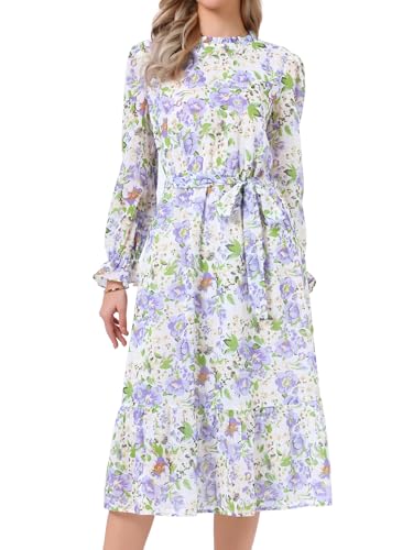 Image of Allegra K Fall Casual Floral Dress for Women 2025 Long Sleeve Crew Neck Chiffon Midi Tea Party Ruffle Dresses