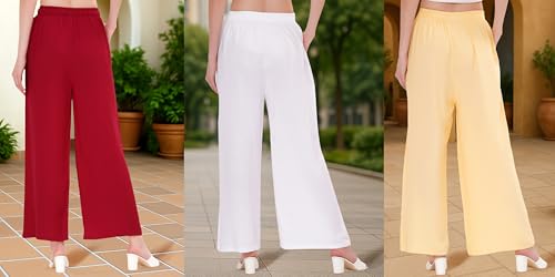 Image of Buy That Trendz Palazzo Pants for Women Rayon Elasticated Regular Fit Flared Wide Leg M to 6XL Pack of 3