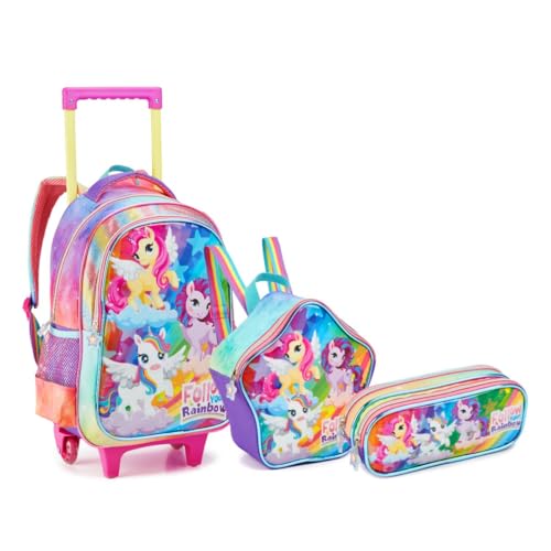 Kit Mochila Rodinha Unicórnio Arco Iris Menina