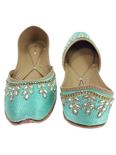 Image of Fulkari Women's Dolli Gold Genuine Soft Leather Embroidered Jutis | Bite and Pinch Free Jutti | Punjabi Formal Juttis | Girl's Wedding Flat Ladies Mojari | Formal Ethnic Juti |