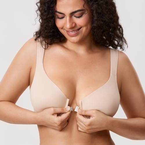 Delimira Women'S Front Closure Bras Posture Full Coverage Plus Size Underwire Unlined Back Support Plunge Seamless Bra B-H Cups Beige 40D thumb #2