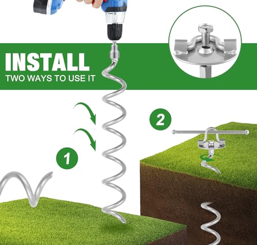 MIXXIDEA 17.5 Inch Gound Anchors Screw in, Metal Spiral Earth Anchors Kit, Heavy Duty Folding Ring Spiral Stake with Straps, Ground Stakes for Tent Trampolines, Sheds, Swings (Silver, 17.5 Inch)