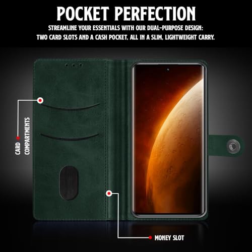 Image of WOW IMAGINE Shock Proof Flip Cover Back Case for Realme Narzo 60 PRO | 11 PRO | 11 PRO Plus 5G (Magnetic Button Flip Case | Wallet Pockets & Stand | Leather Finish | Forest Green)