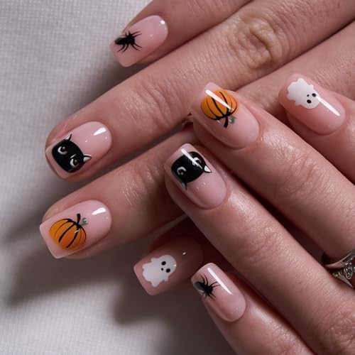 CurvLife Halloween Shrot Square Press On Nails, Spooky Night Black