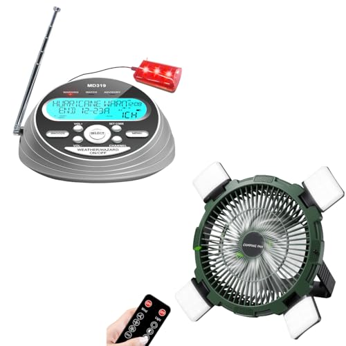 Emergency & Outdoor Survival Bundle: NOAA Weather Alert Radio with S.A.M.E. Programming & LED Camping Fan with 8000mAh Battery