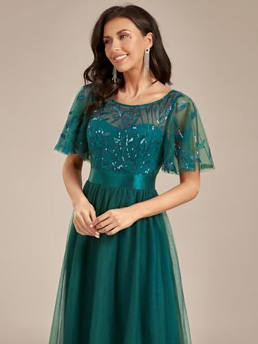 Image of Ever-Pretty Sequin Formal Prom Dresses for Women Ruffle Sleeves Empire Waist A-Line Long Mother of Bride Dress 00904