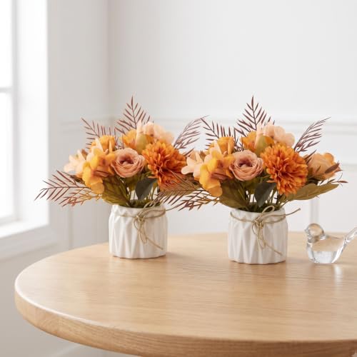 Image of Dekorly Artificial Lavender Plant in White Pot, 18cm - Realistic Faux Flower Arrangement for Home & Office Decor (Set of 1) (2, Orange Chryshydra Flower)