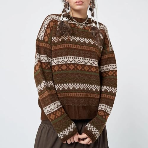 Image of Women Vintage Striped Pullover Sweater Y2k Long Sleeve Crew Neck Loose Knit Sweaters Fall Winter Knitwear