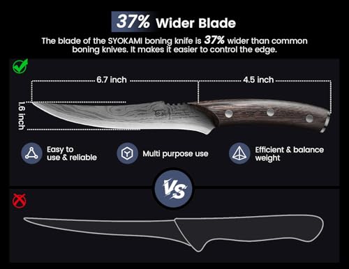 SYOKAMI Boning Knife for Meat Cutting, 6.7 Inch Fillet Knife with Wood Handle, High Carbon Razor Sharp Flexible Blade for Deboning, Trimming, Damascus Pattern Full Tang Design, House Warming Gifts - Image 5