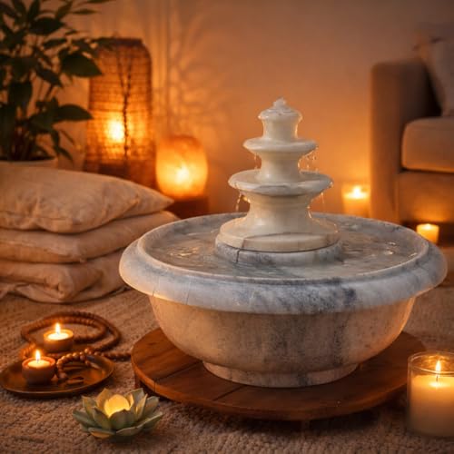 Image of RM White Marble Indoor Water Fountain 15 Inch - Luxury Tabletop Vastu Fountain with Pump for Home Office Meditation Decor | Decorative Water Feature for Living Room Calm Ambience