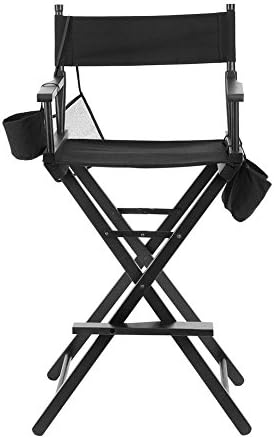Tall Folding Director's Chair, Solid Wood Frame Professional Collapsible Bar Height Makeup Artist Chair with Footrest and Side Cup Holder & Storage Bag, Black