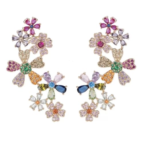 Ear Climber Earrings for One Piercing, Multicolor Crystal Flower Ear Cuff Earrings, Floral Design with Gemstones crawler earrings