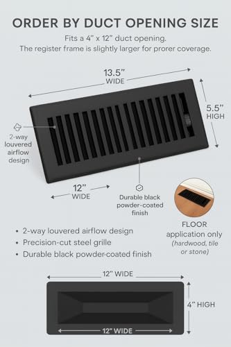 Image of 4 inch x 12 inch Black Floor Register 2 Way - Stamped Face Steel Vent Cover, HVAC Floor Grille for AC Heat, Fits 4x12 Duct Opening, Heavy Duty Metal Register