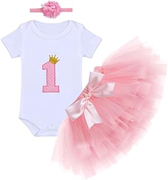 OBEEII Baby meisje 1e verjaardag kant tule rompers prinses Tutu 1e verjaardag fotojurk, kleine vliegende mouwen, open rugontwerp 9-18 maanden, roze, 12-18 Maanden