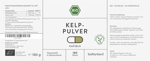 Kelp Kapseln BIO | 180 Stück vegane Kelppulver Kapseln | 600 mg je 2-Tagedosis | ohne Zusätze | in Deutschland hergestellt | bioKontor