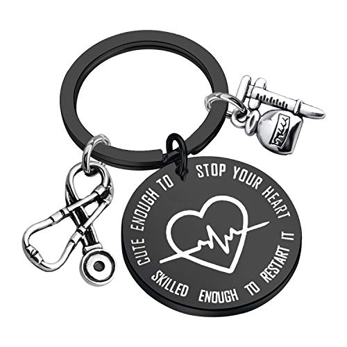 FUSTMW Nurse Gifts Keychain Nursing Graduation Student Gift RN NP Nurses Jewelry Medical Technician Gift Cute Enough to Stop Your Heart Skilled Enough to Restart It (Nurse Cute Black)