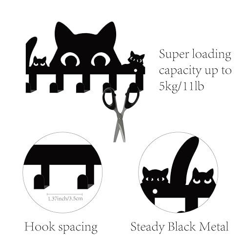 CREATCABIN Black Cat Key Holder for Wall Mounted Key Hook Metal Key Hanger Holder with 6 Hooks Metal Key Hanging Organizer Rack Wall Decor Hook for Entryway Front Door Hallway Office 10.6x5Inch - Image 3