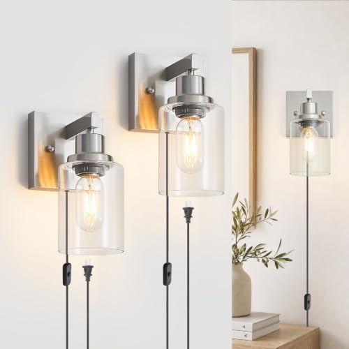 Image of Plug in Wall Sconces Set of 2, Modern Corded Wall Sconce, Bedroom Wall Sconces with Clear Glass, Wall Decor Set of 2 Brushed Nickel Wall Lamps for Bedroom Living Room