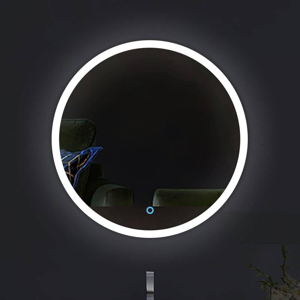 MALLIK DESIGN Outer Lighted Led Round Bathroom Mirror Decorative Wall Mirror Size :- 24x24 inches Glass Led Wall Mirror Make-up Light Mirror, White, Framed