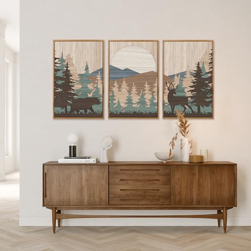 CHDITB 3Pcs Woodland Moose Bear Landscape Framed Canvas Wall Art 24x36 Inch