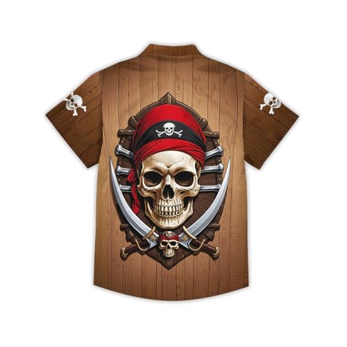 Image of THE PIRATE KING Funny Pirate Hawaiian Shirt Boys Girls Beach Tropical Casual Short Sleeve Button Down Shirt for 5-14 Years