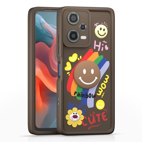 Image of Pikkme Back Cover for Redmi Note 12 Pro 5G | Soft Silicone| Cute Rainbow Smile & 3D Cartoon Flower Design | Shockproof Raised Camera Protection Bumper Case (Brown)