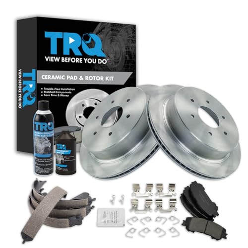 Image of TRQ Rear Brake Pad & Rotor Kit, with Chemical Kit Parking Brake Shoe Set Ceramic Compatible with 2017-2019 Nissan Titan