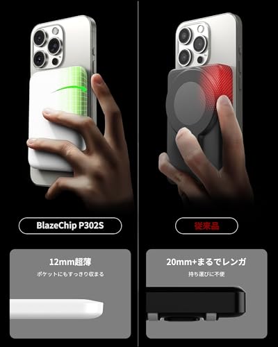 BlazeChip モバイル バッテリー MagSafe対応 5000mAh 超薄型・軽量 小型ワイヤレス充電器 マグセーフ充電器 LED残量表示 Lightning入力 PSE認証済 iPhone 16/15/ 14/ 13/ 12シリーズ 機内持ち込み可 旅行 出張 災害用 P320S の商品画像 1