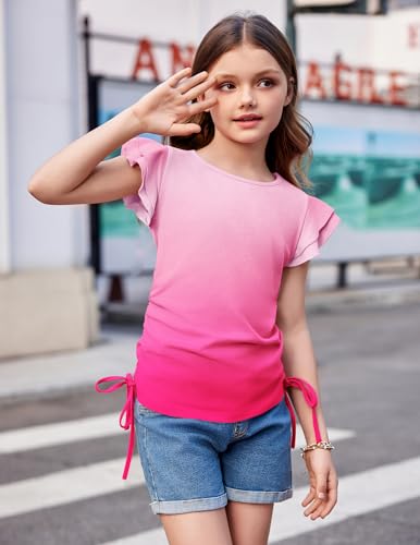 Image of Arshiner Girls T Shirts Ruffle Short Sleeve Ruched Knot Side Tunic Blouse Summer Tee Tops