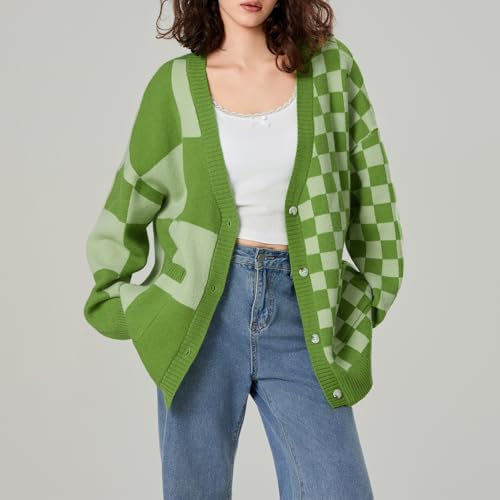 Womens Open Front Long Sleeve Chunky Knit Cardigan Sweater Color Block Checkered Knit Cardigan Sweaters Coat3