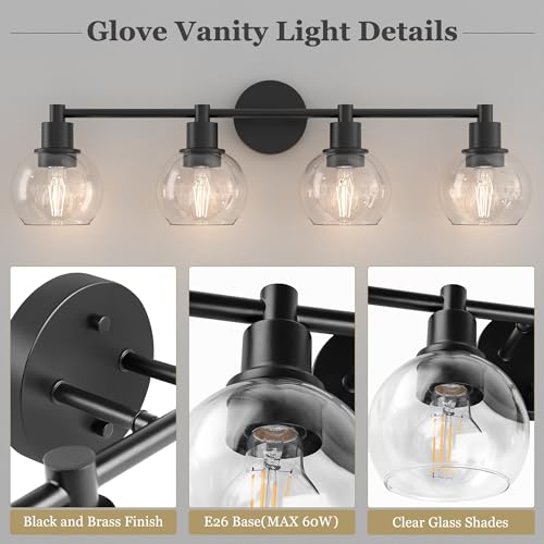 Image of 4 Lights Bathroom Vanity Light Fixtures Black, Bathroom Lights Over Mirror, Industrial and Farmhouse 4 Lights Wall Sconce, Matte Black Globe Vanity Lighting Fixtures