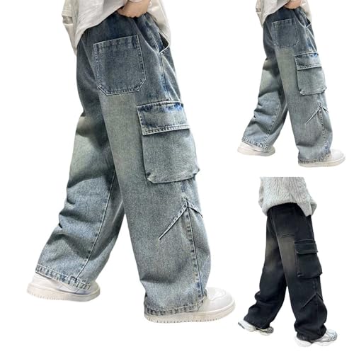 Boys Baggy Cargo Jeans Elastic Waist Stretchy Wide Leg Vintage Demin Pants Teens Flap Pockets Pants Y2K Streetwear