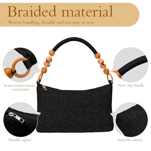 Image of Small Straw Shoulder Bag for Women, Woven Summer Handbag with Wooden Beaded Handle Vacation Purse