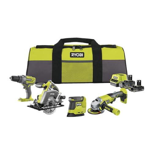 RYOBI 18V ONE+ 8-tlg. Akku-Combo-Kit RCK184O-242SZL, Schlagbohrschrauber, Winkelschleifer, Handkreissäge, Delta-Vibrationsschleifer, 2x Akkus (4,0Ah & 2,0Ah), Ladegerät, Werkzeugtasche