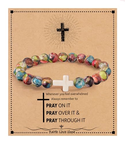 Image of Cross Bracelets for Women, Christian Gifts for Women Stocking Stuffers for Teens Cross Bracelet Imperial Nature Stone Bead Bracelet Confirmation Baptism Gift for Teen Girls Christmas Religious Gift Cathlic Faith Jewelry