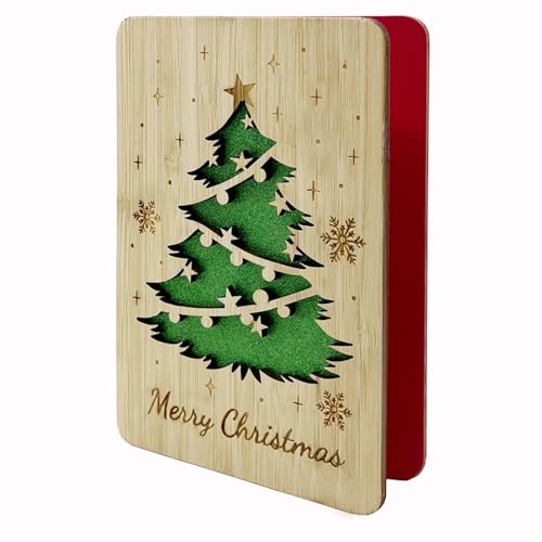 Della Stella 2026 Wooden Merry Christmas Card with Envelopes,Unique Xmas Tree Greeting Card Gift for Wife,Family & Friends