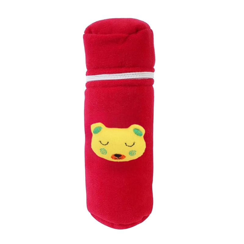Image of Soft Plush Stretchable Baby Feeding Bottle Cover Easy to Hold Strap and Zip | Suitable for 130 ML-250 ML Feeding Bottle-Light Pink-Dark Red