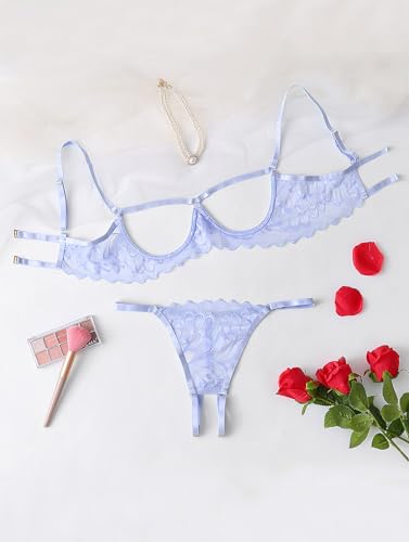 Image of Lilosy Sexy Underwire Floral Lace Sheer Lingerie Set for Women See Through Bra and Panty 2 Piece